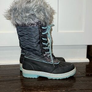 Justice girls high fur topped boots size 2 black, aqua, sparkle